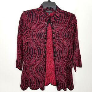 Ming Wang Knit Jacket Cardigan Sz‎ S Acrylic Knit Red Black Preppy Artsy Buckle
